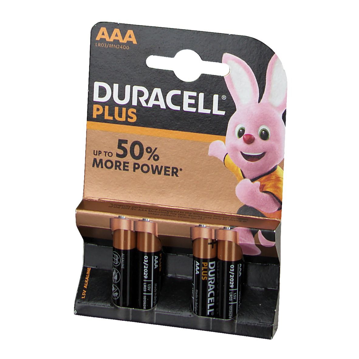 DURACELL® Plus Power AAA Batterien in Blisterverpackung. Vier Batterien sichtbar. Aufschrift: Bis zu 50 % mehr Leistung.