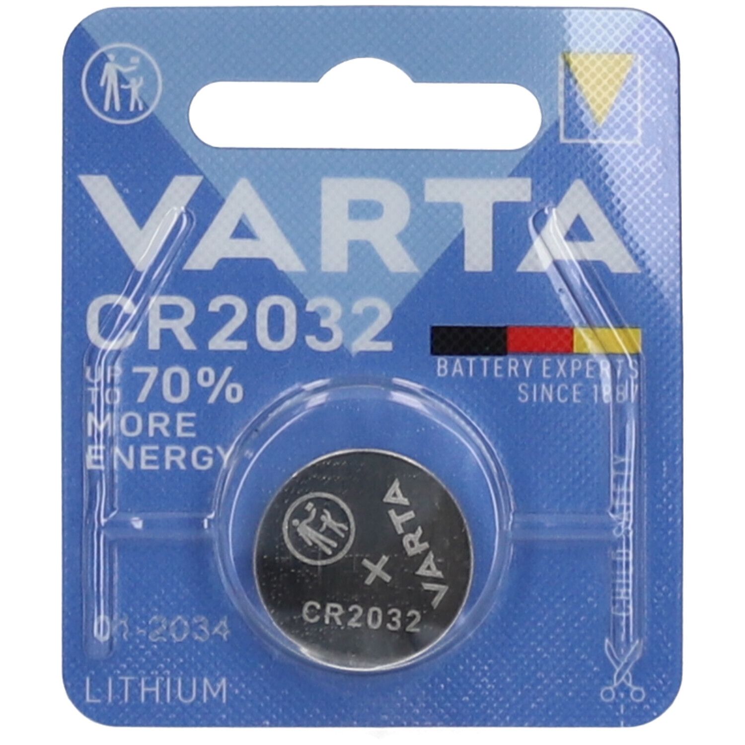 Varta CR2032 lithium knoopcel in blauwe blisterverpakking. Productnaam, logo en tekst zichtbaar. Batterij zichtbaar.