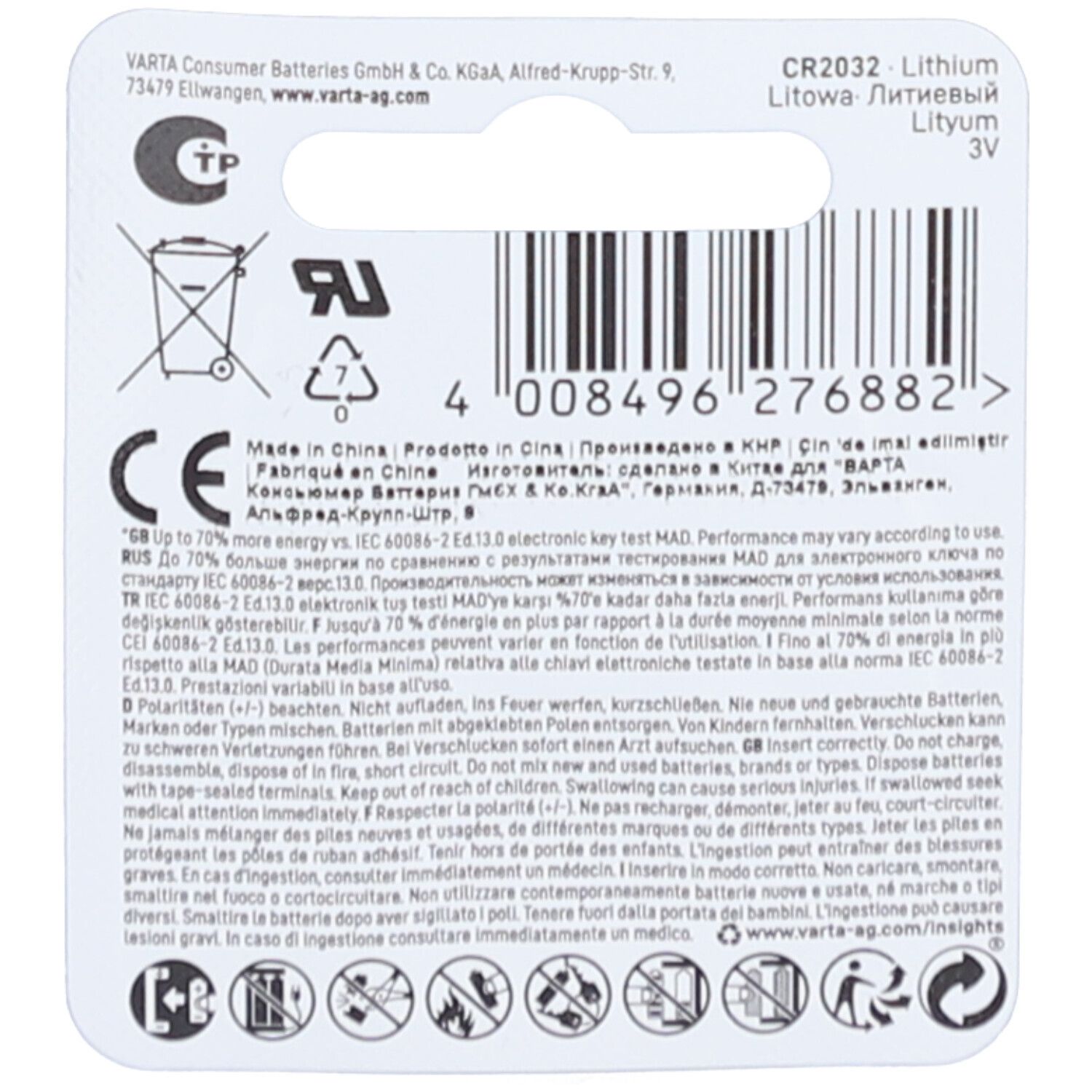 Achterkant van de Varta CR2032 lithium batterijverpakking. Tekst, logo's en barcode. Informatie over fabrikant en certificeringen.