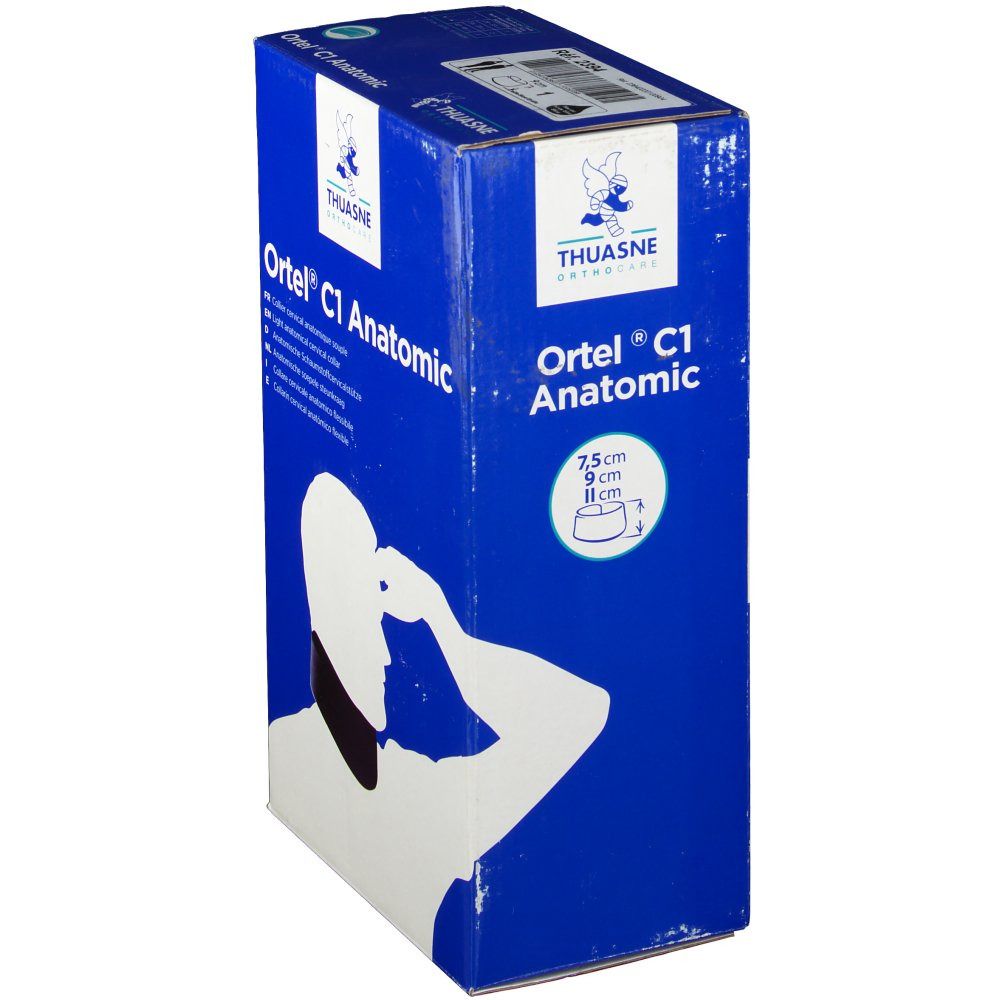 Emballage bleu du produit. Inscription: Ortel C1 Anatomic. Indications de taille: 7,5 cm, 9 cm, 11 cm. Marque: THUASNE.