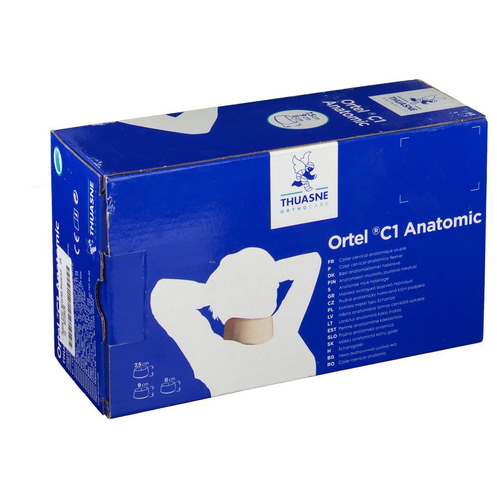 Emballage bleu du produit. Inscription: Ortel C1 Anatomic. Illustration d'une minerve. Marque: THUASNE.