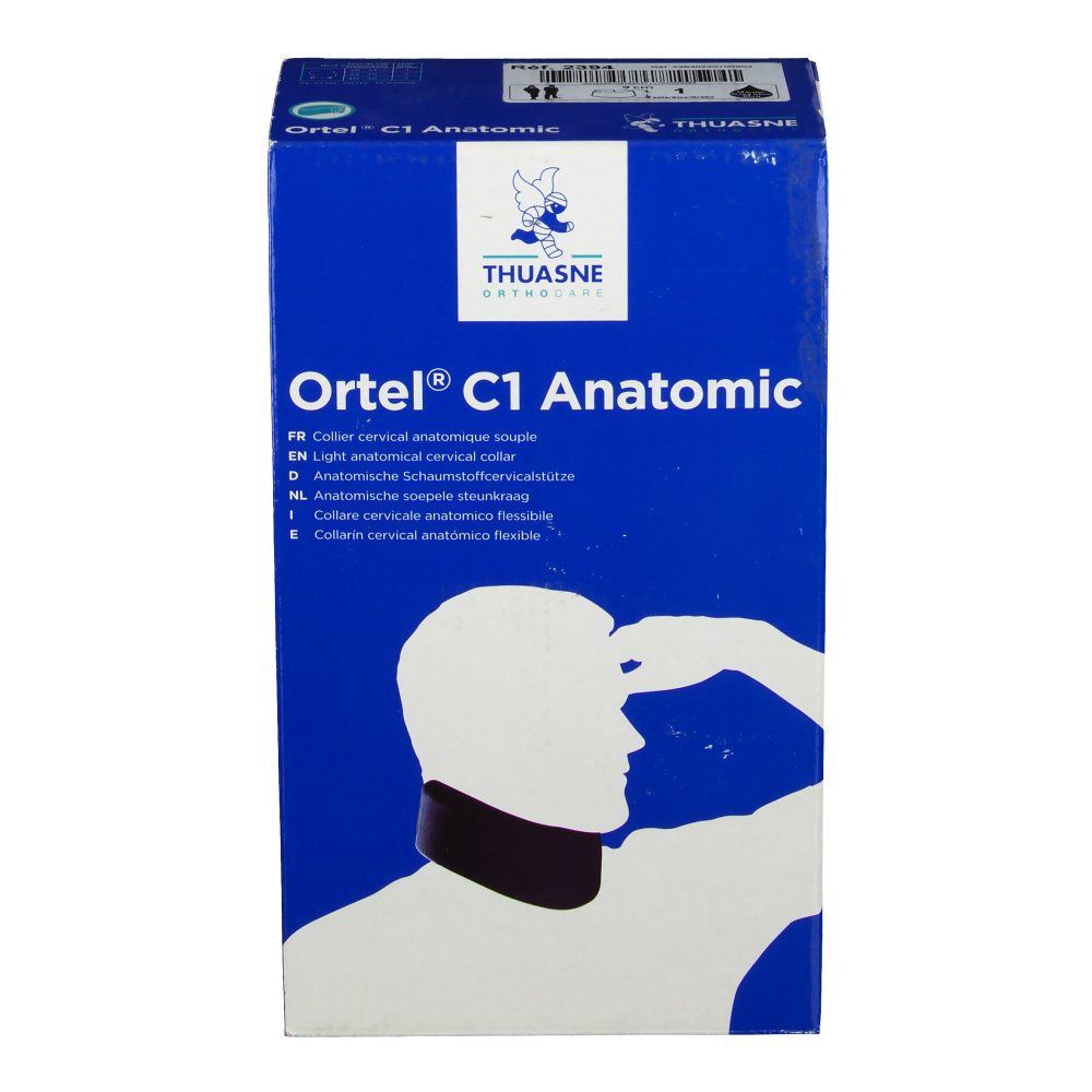 Emballage bleu du produit. Inscription: Ortel C1 Anatomic. Illustration d'une minerve. Marque: THUASNE.