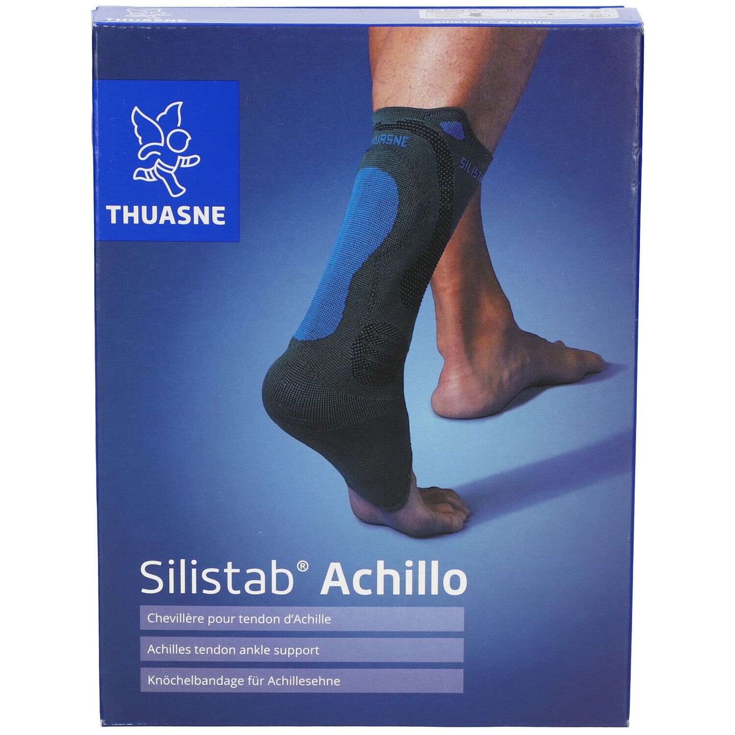 Chevillère Thuasne Silistab Achillo sur emballage. Bandage bleu et noir sur une jambe. Logo et nom du produit visibles.