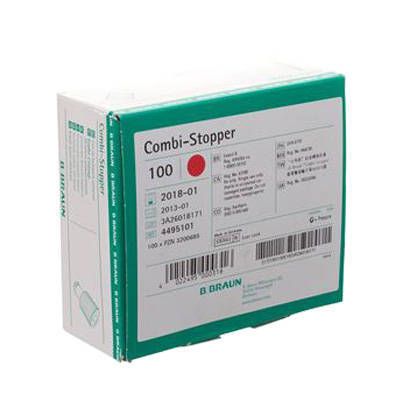 Verpakking Combi-Stopper. Groen-witte doos met rode stip en productinfo. Merk B. Braun.