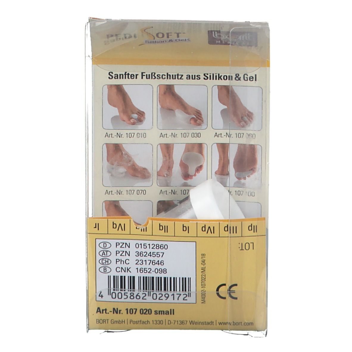 Emballage de séparateurs d'orteils. Marque Pedi Soft. Différents modèles illustrés. Petite taille, en silicone et gel.