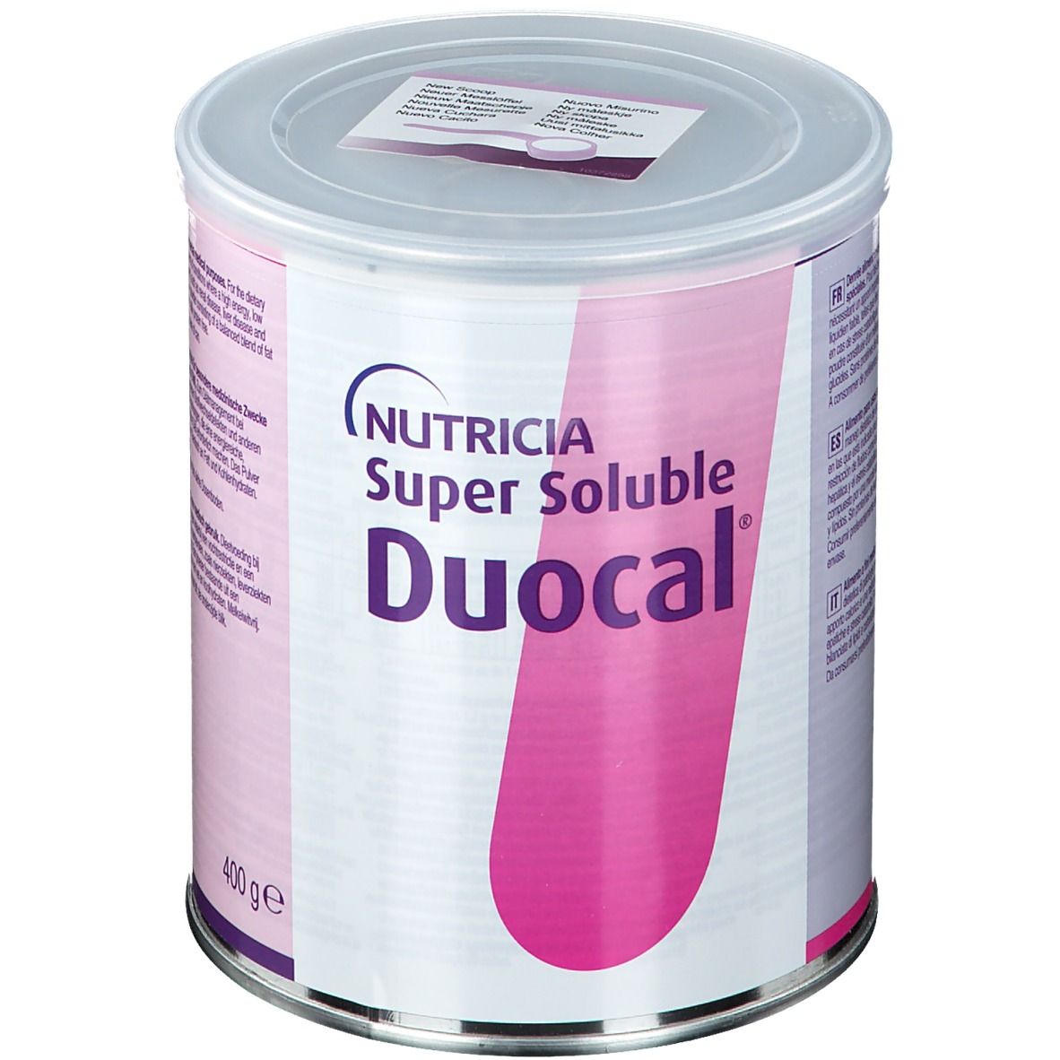 Boîte de conserve rose et blanche. Inscription: Nutricia Super Soluble Duocal. 400g.