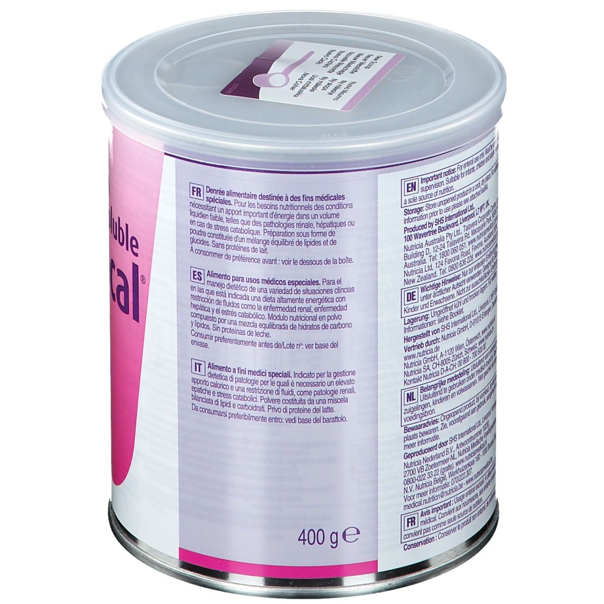 Dos de la boîte avec texte en plusieurs langues. Inscription: 400 g.