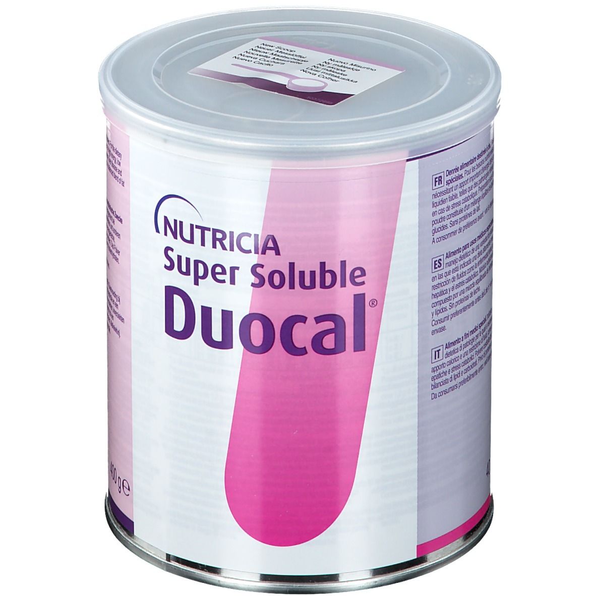 Boîte de conserve rose et blanche. Inscription: Nutricia Super Soluble Duocal. 400g.