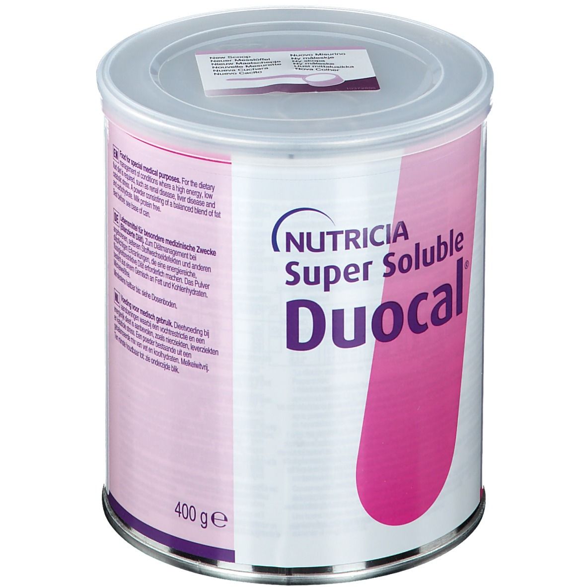 Boîte de conserve rose et blanche. Inscription: Nutricia Super Soluble Duocal. 400g.
