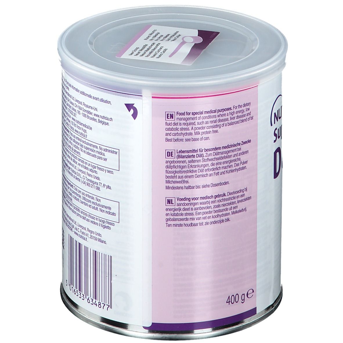Dos de la boîte avec texte en plusieurs langues. Inscription: 400 g.
