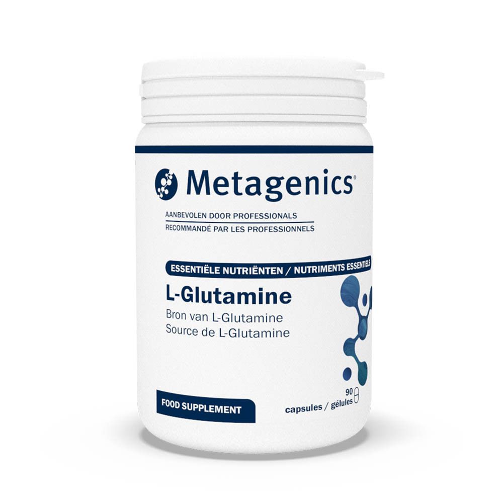 Weiße Dose mit L-Glutamin-Kapseln. Aufschrift: Metagenics, 90 Kapseln. Blaue und grüne Molekül-Grafik.