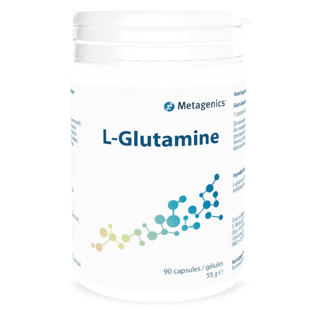 Flacon blanc de L-Glutamine. Inscription: Metagenics, 90 capsules, 55 g.