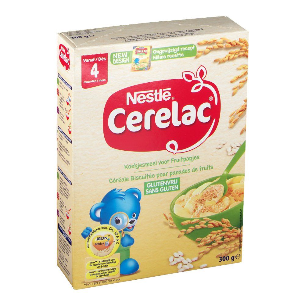 Boîte Nestlé Cerelac, 4+ mois. Illustration avec ours, bol de bouillie, cuillère et grains de céréales. Sans gluten.