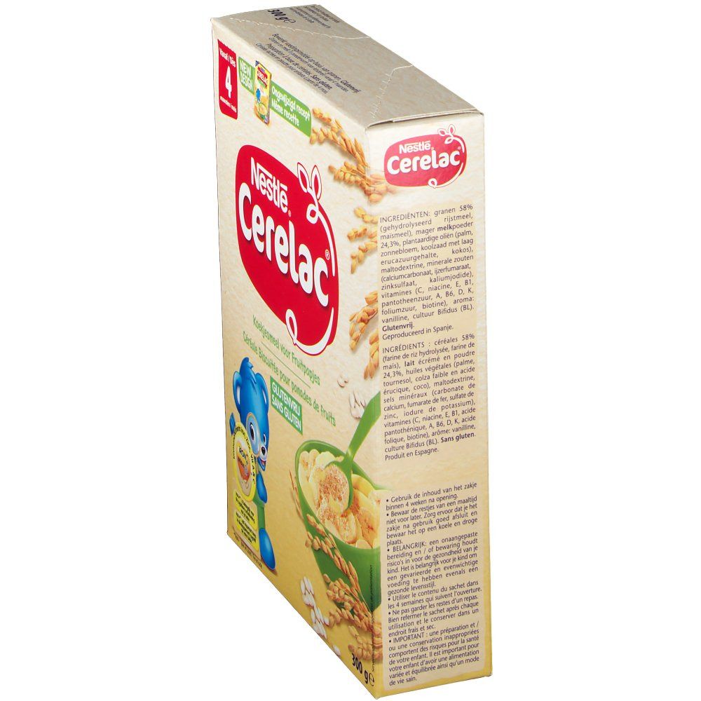 Vue latérale de la boîte Nestlé Cerelac. Texte avec ingrédients, informations nutritionnelles et instructions. Sans gluten.