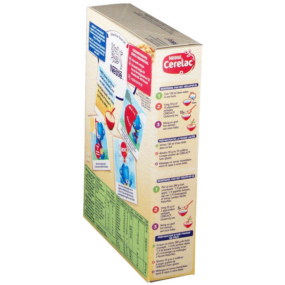 Dos de la boîte Nestlé Cerelac. Illustrations de préparation. Texte avec instructions de préparation. Sans gluten.