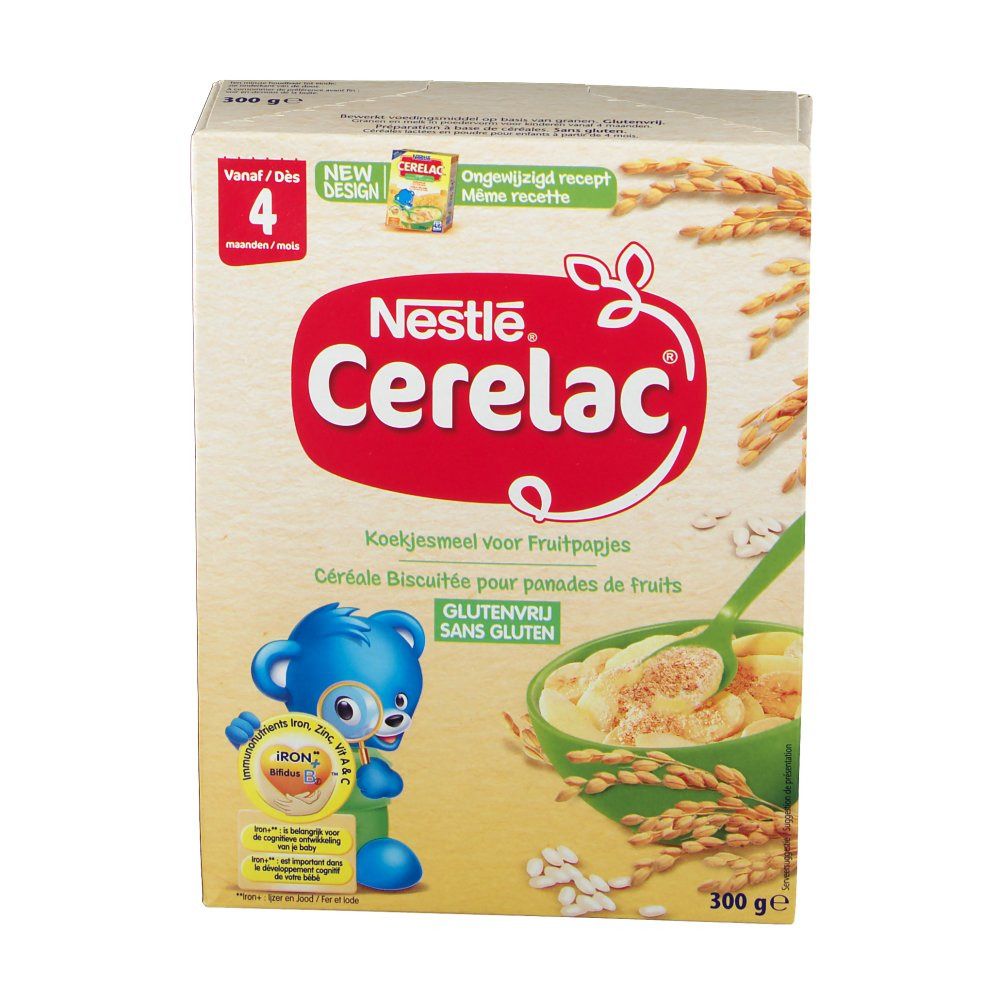 Boîte Nestlé Cerelac, 4+ mois. Illustration avec ours, bol de bouillie, cuillère et grains de céréales. Sans gluten.
