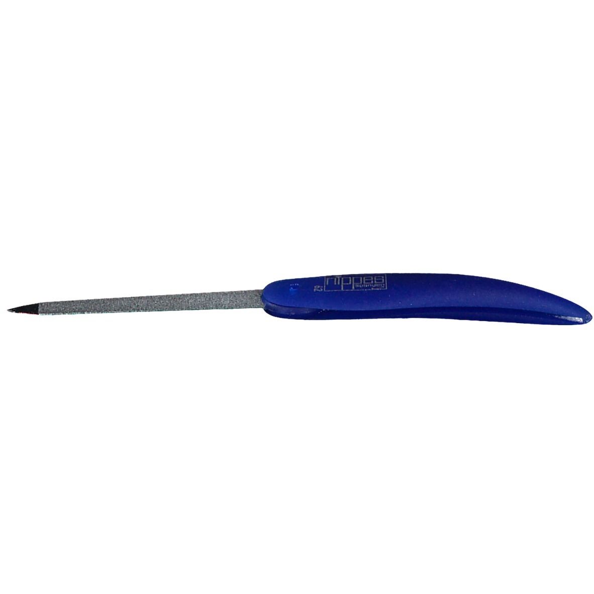 Blaue Nagelfeile mit Griff, silberne Feilfläche, Logo. Marke: nippes.