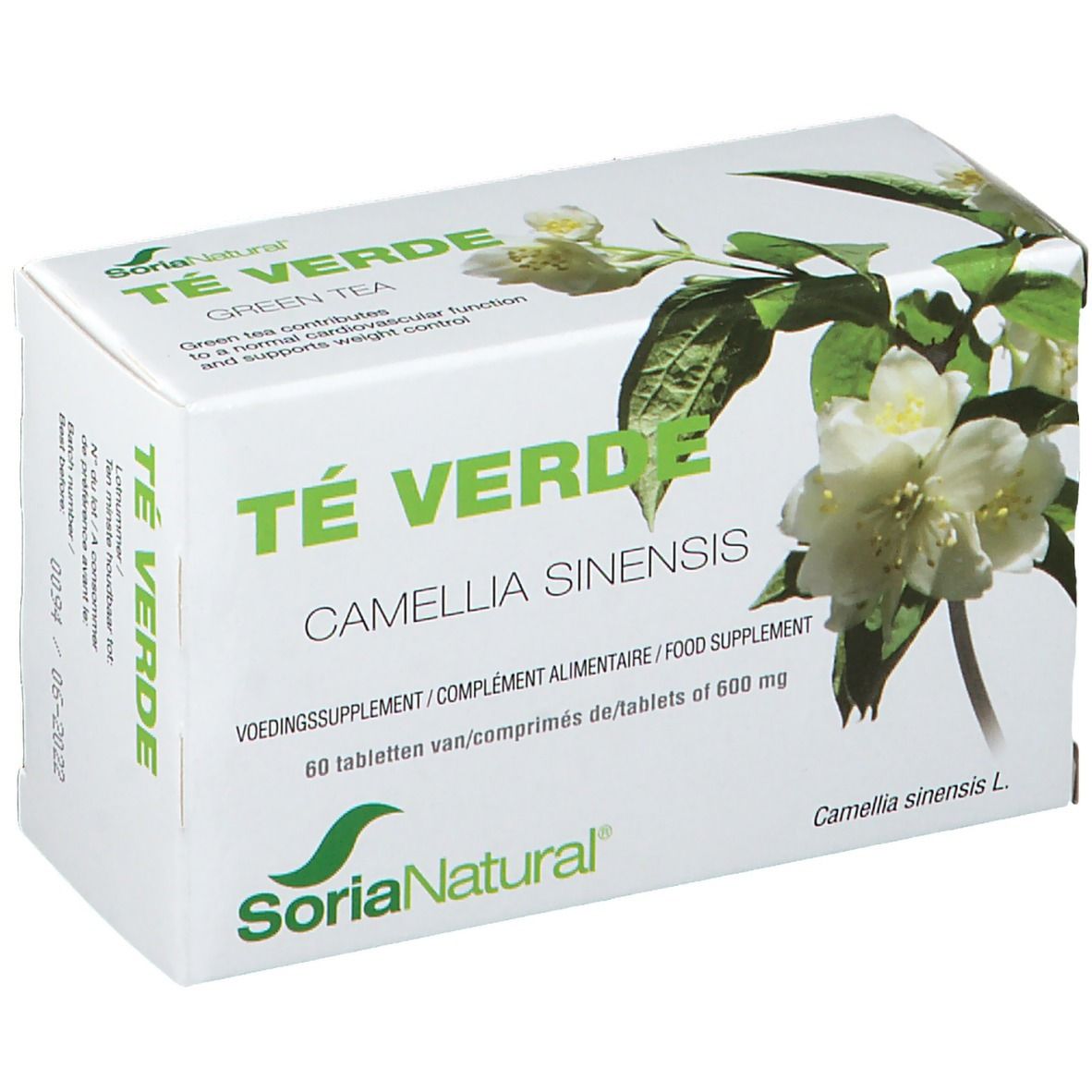 Boîte blanche avec inscription verte « Té Verde » et « Soria Natural ». Illustration de fleurs et de feuilles. Contient 60 comprimés.