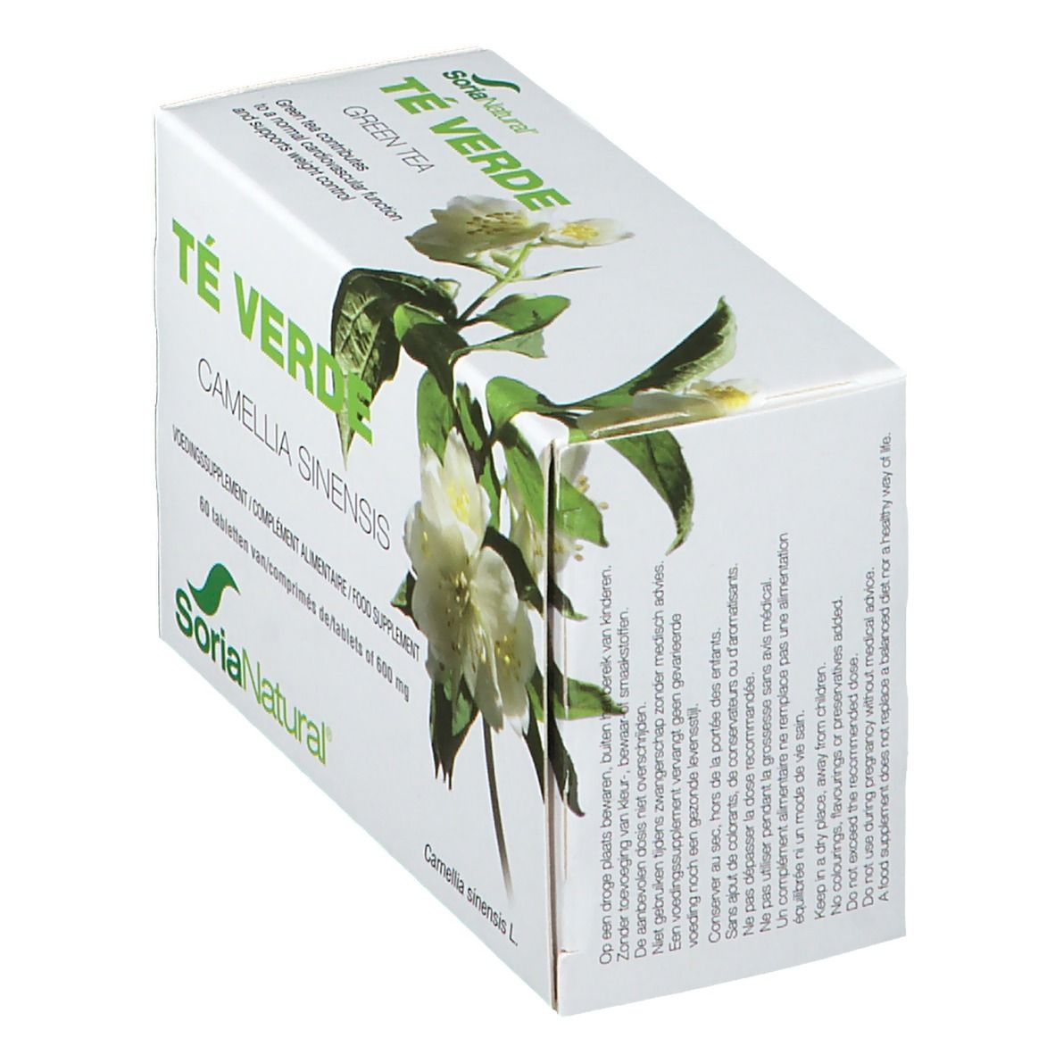 Boîte blanche inclinée avec inscription verte « Té Verde » et « Soria Natural ». Illustration de fleurs et de feuilles. Texte en plusieurs langues.