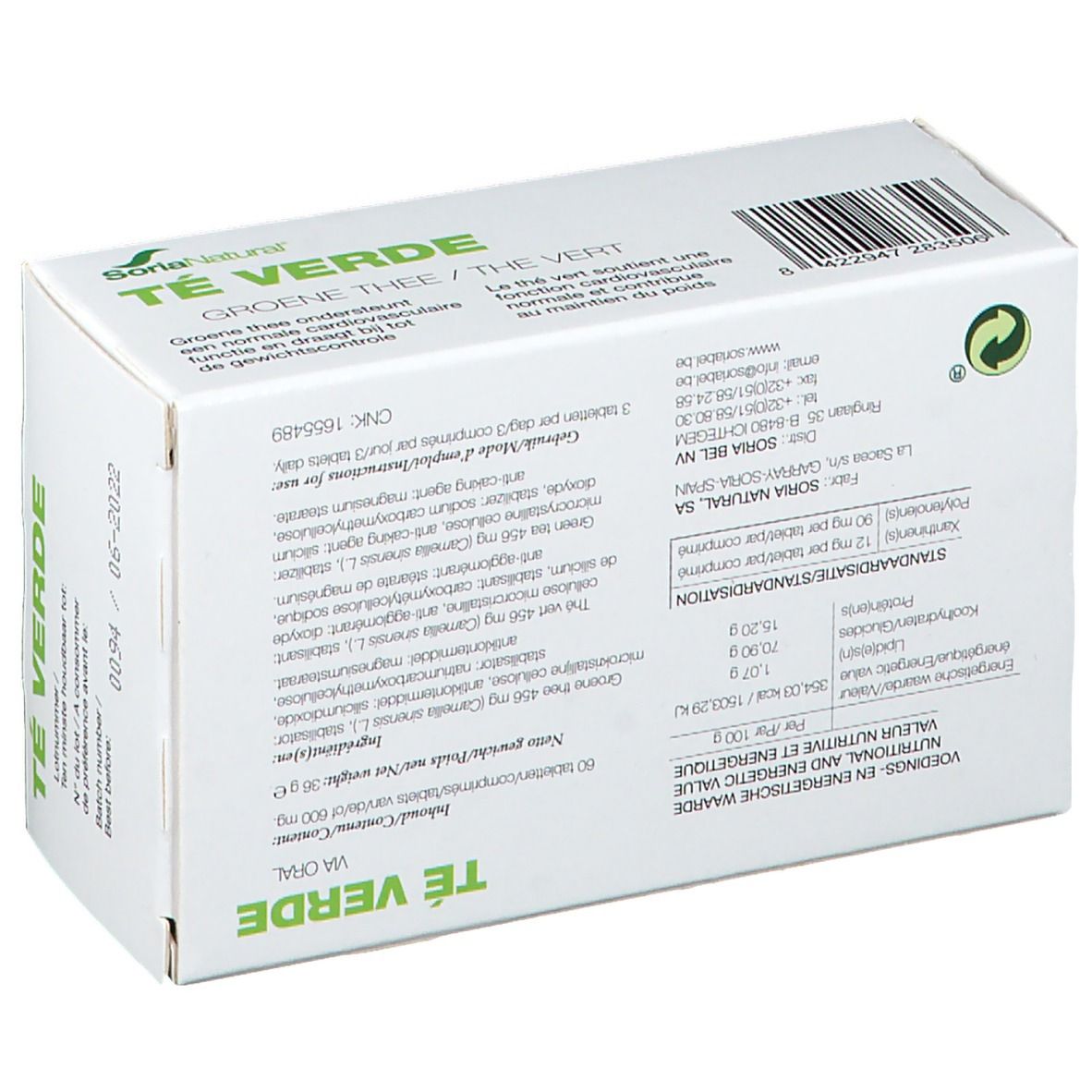 Dos d'une boîte blanche avec inscription verte « Té Verde » et « Soria Natural ». Texte en plusieurs langues. Code-barres et symbole de recyclage.