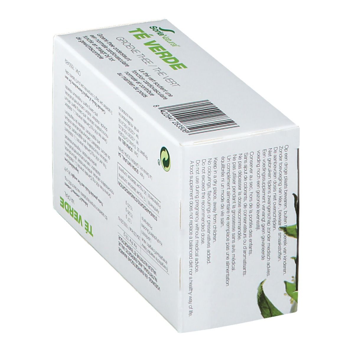 Dos incliné d'une boîte blanche avec inscription verte « Té Verde ». Texte en plusieurs langues. Symbole de recyclage.