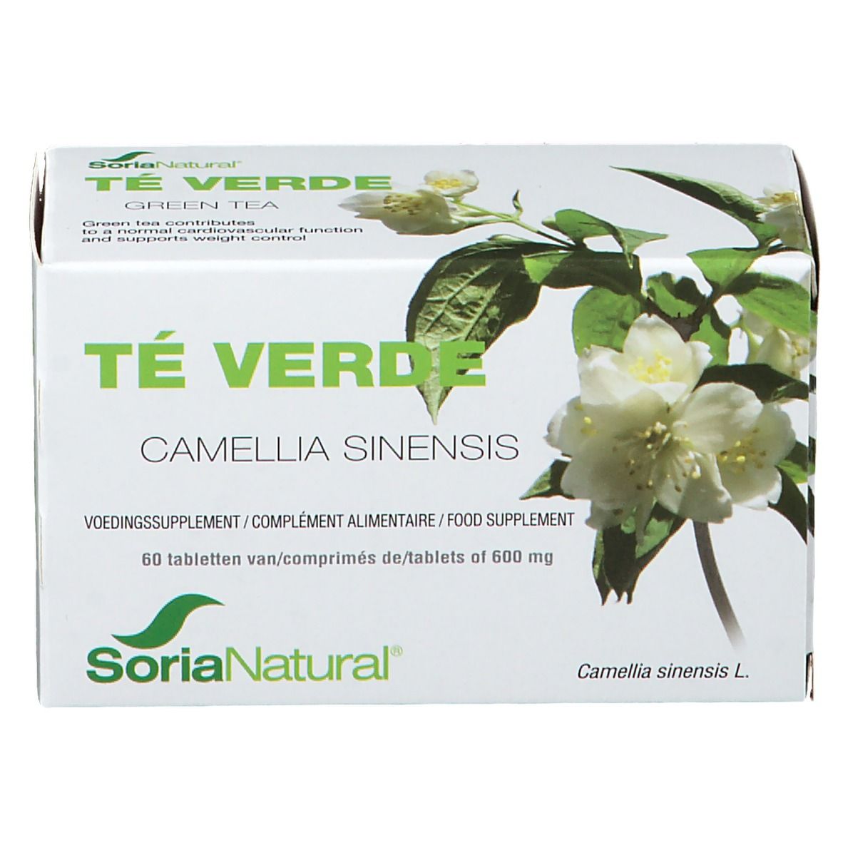 Boîte blanche avec inscription verte « Té Verde » et « Soria Natural ». Illustration de fleurs et de feuilles. Contient 60 comprimés.