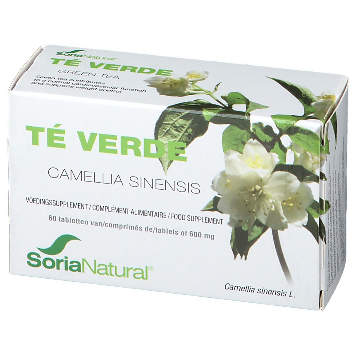 Boîte blanche avec inscription verte « Té Verde » et « Soria Natural ». Illustration de fleurs et de feuilles. Contient 60 comprimés.