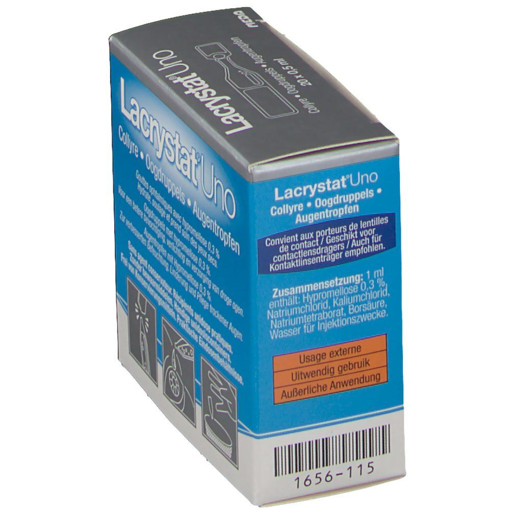Doosje Lacrystat Uno. Blauwe verpakking met productnaam en tekst in het Duits, Frans en Nederlands. Bevat oogdruppels.