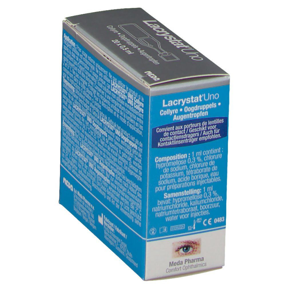 Zijaanzicht van de verpakking van Lacrystat Uno. Blauwe doos met tekst in meerdere talen. Bevat informatie over samenstelling en gebruik.