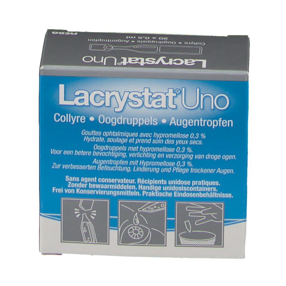 Voorkant van de verpakking van Lacrystat Uno. Blauwe doos met productnaam en beschrijving. Bevat oogdruppels voor droge ogen.