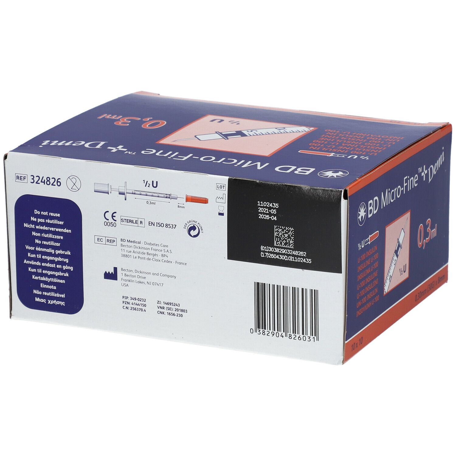 Verpackung von BD Micro-Fine + Demi. Aufdruck: 0,3 ml, 1/2 U. Rückseite mit Informationen und CE-Kennzeichnung.