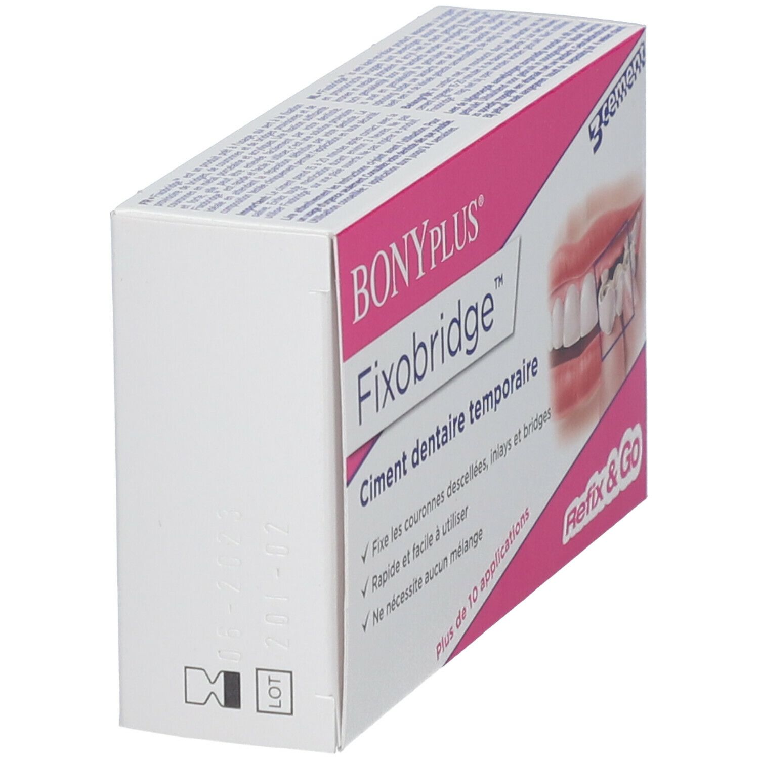 Vue latérale de la boîte de ciment dentaire. Boîte rose et blanche avec nom du produit. Texte: Ciment dentaire temporaire. Vue en angle.