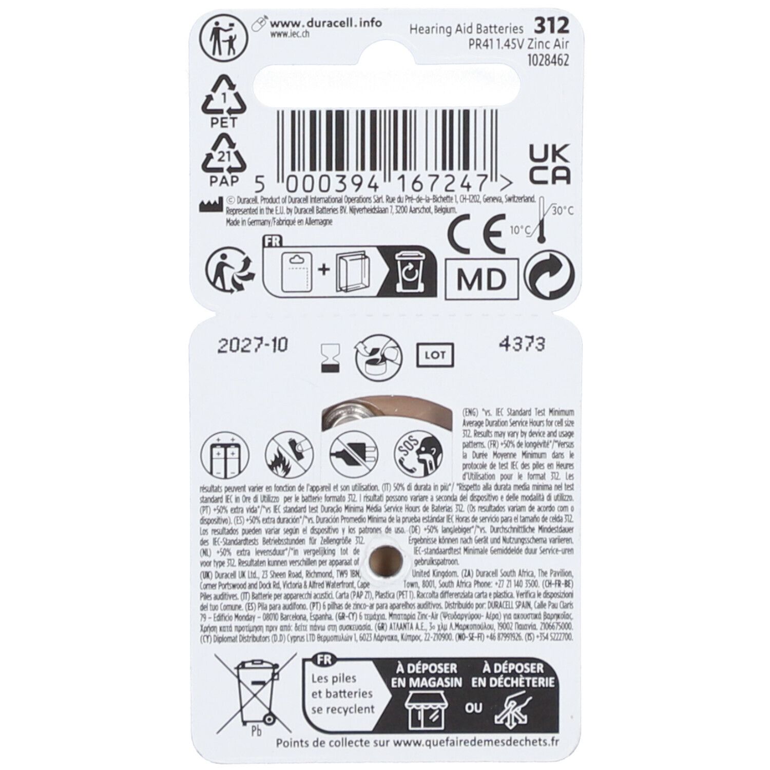 Dos de l'emballage des piles auditives Duracell. Informations, symboles et code-barres. Marquage CE et consignes de recyclage.