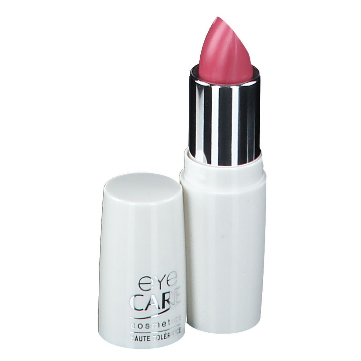 Rouge à lèvres rose clair, blanc. Capuchon ouvert. Tige argentée. Eye Care.