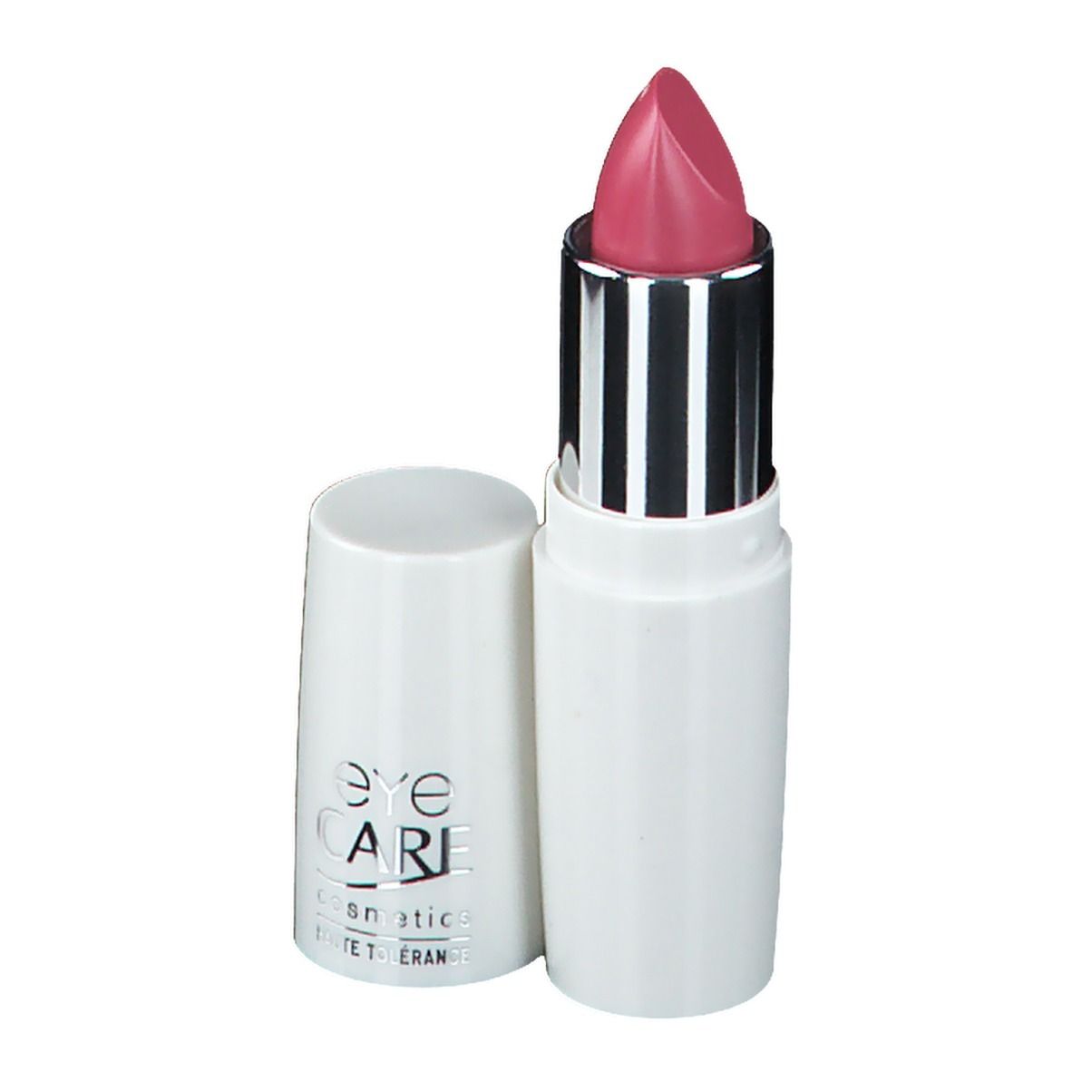 Rouge à lèvres rose clair, blanc. Capuchon ouvert. Tige argentée. Eye Care.