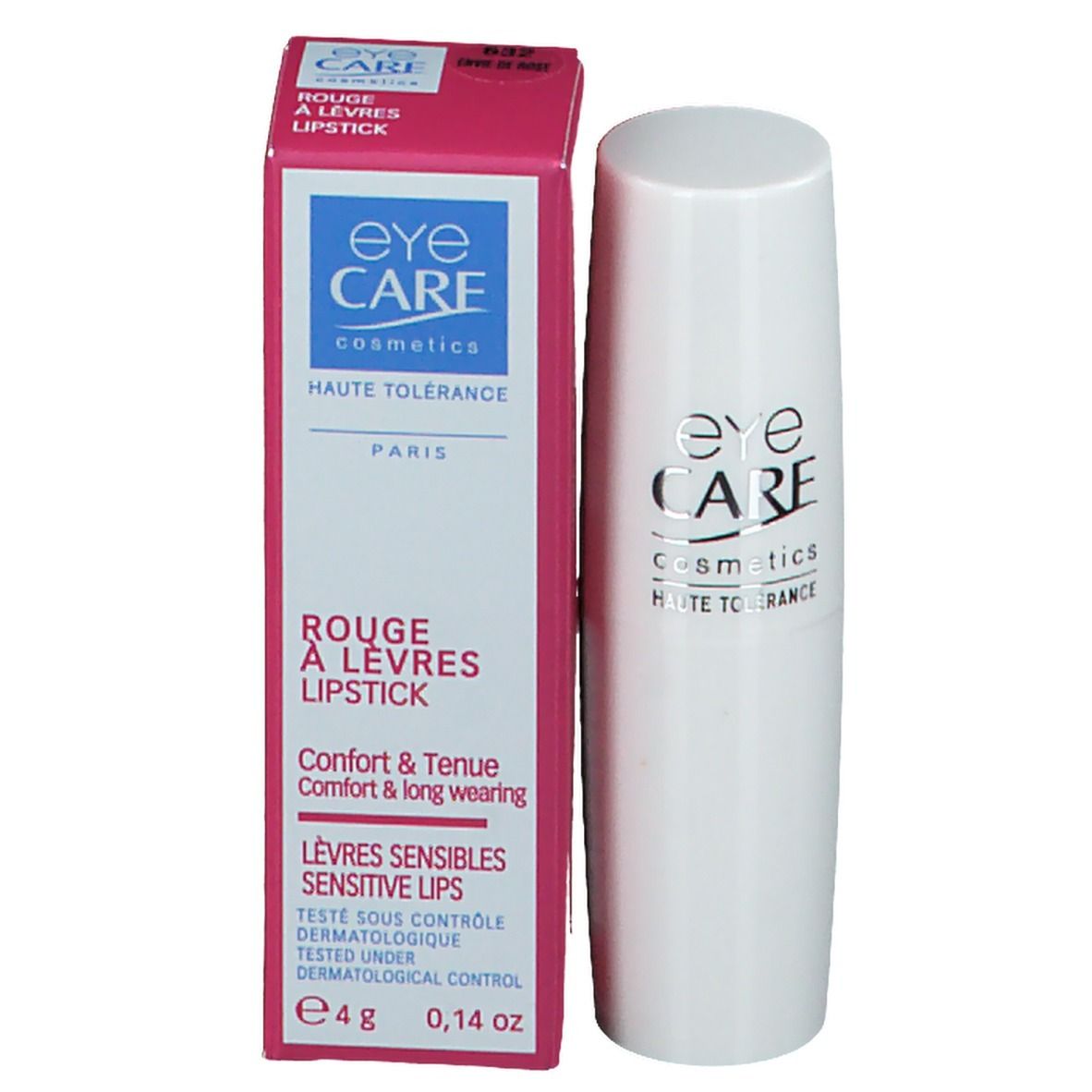 Rouge à lèvres blanc et emballage. Eye Care, Rouge à Lèvres, Haute Tolérance.