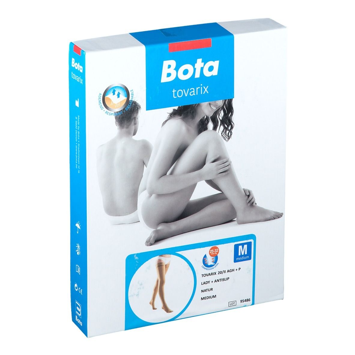 Boîte Bota tovarix. Femme nue et informations produit. Taille M, Natur, Antislip.