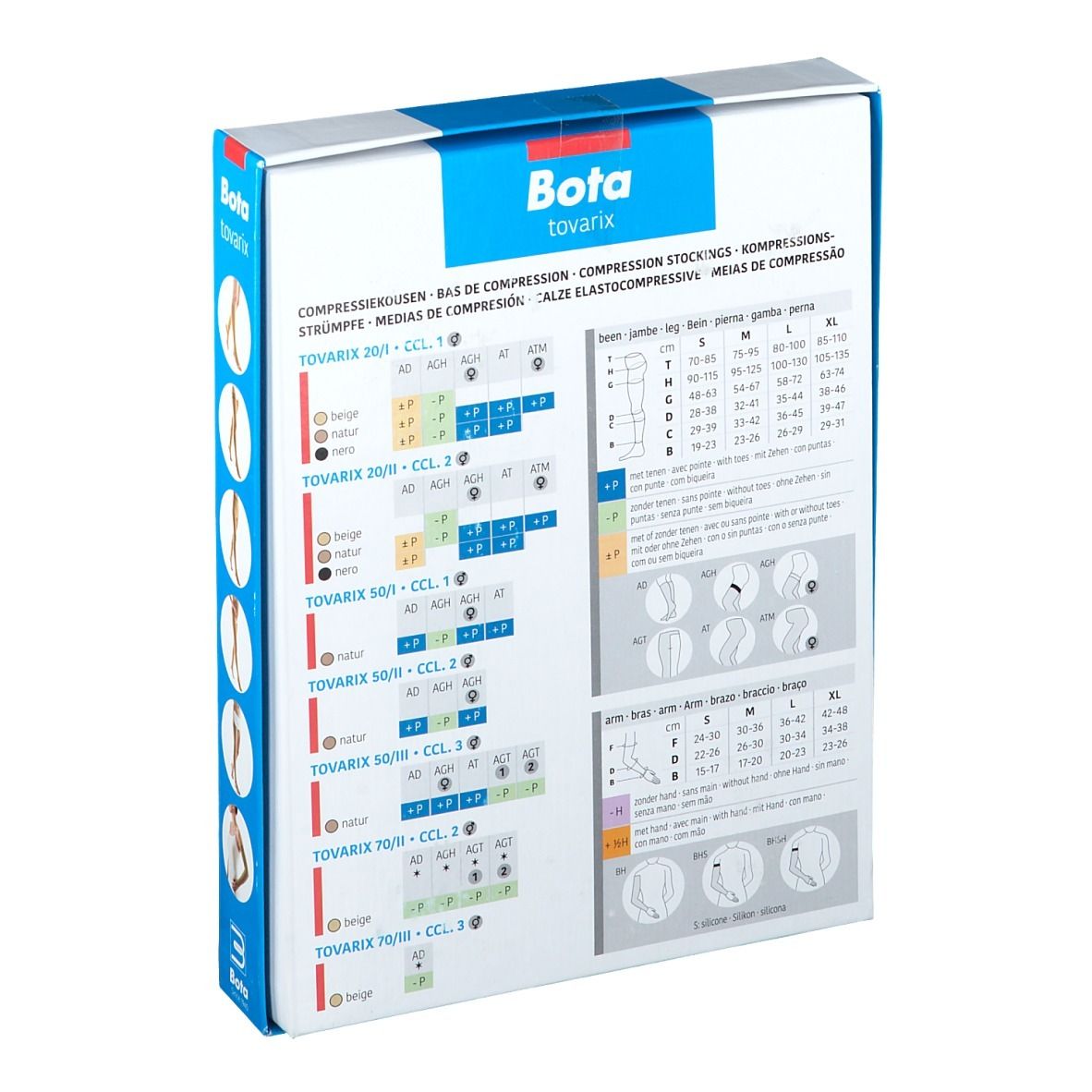 Dos de la boîte Bota tovarix. Tableaux des tailles et informations produit.