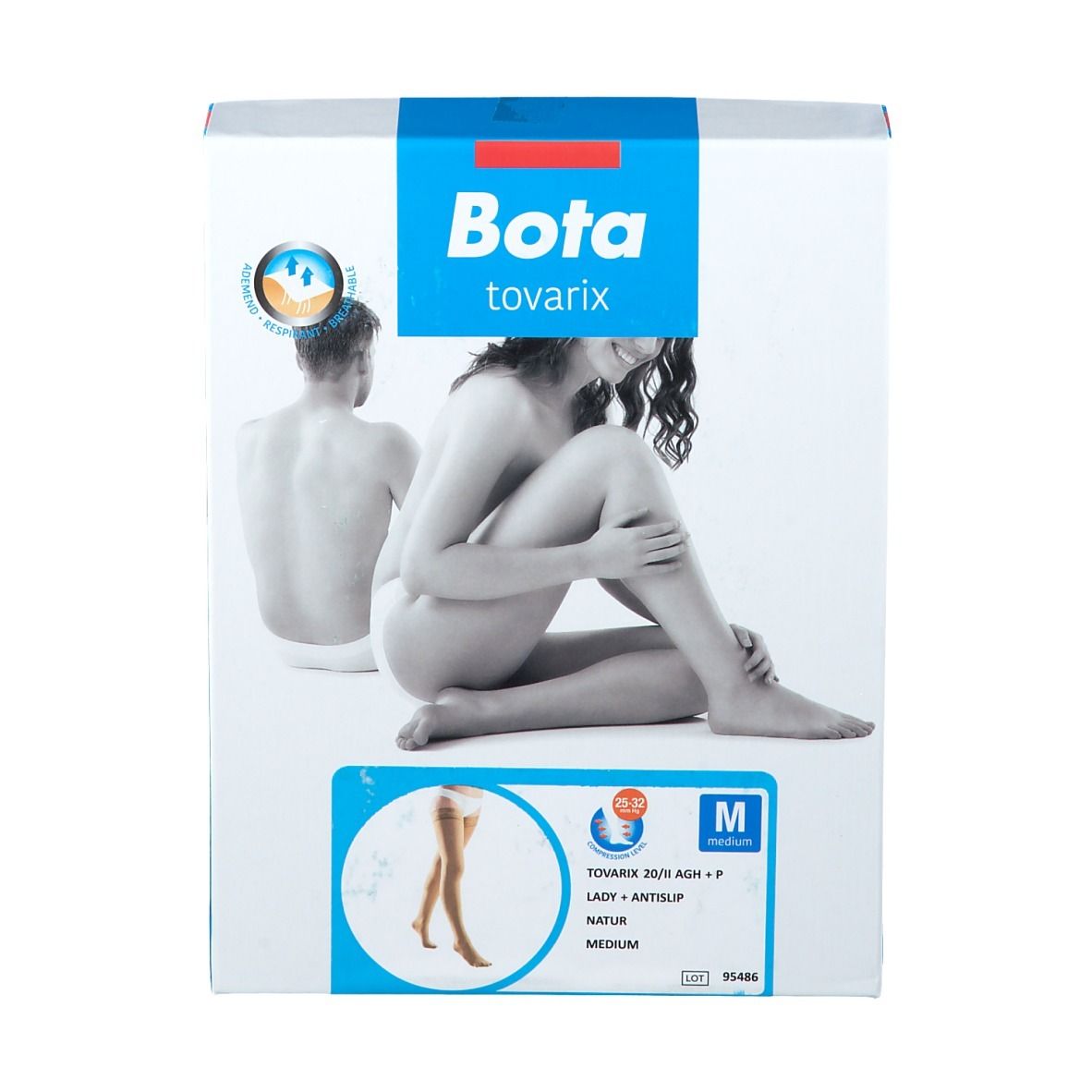 Boîte Bota tovarix. Femme nue et informations produit. Taille M, Natur, Antislip.
