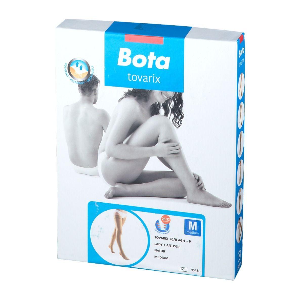 Boîte Bota tovarix. Femme nue et informations produit. Taille M, Natur, Antislip.