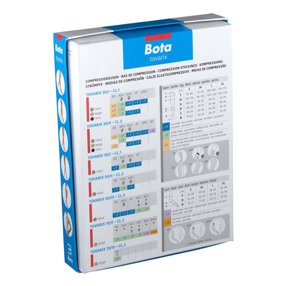 Dos de l'emballage Bota Tovarix. Tableaux avec tailles et informations produit.