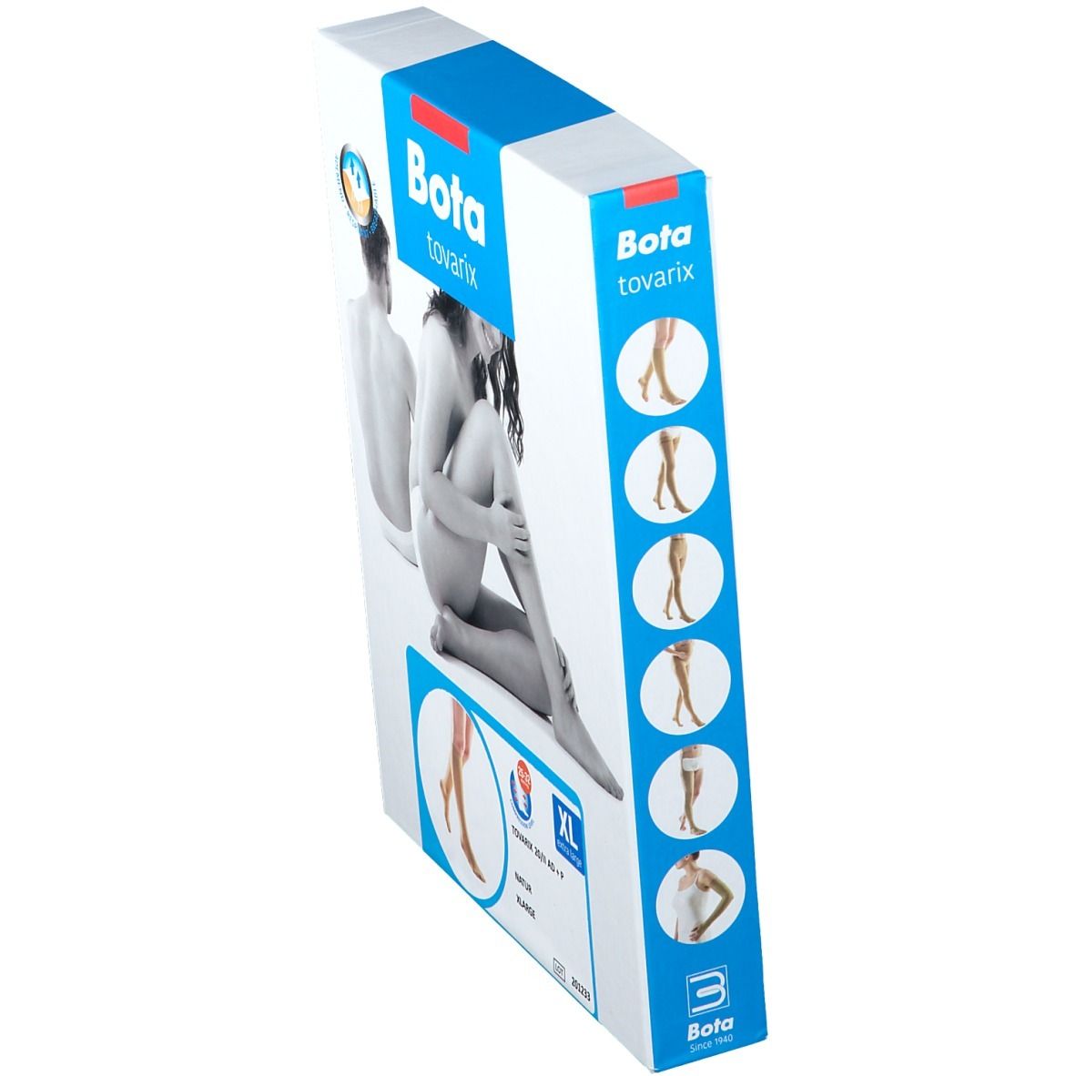 Boîte Bota tovarix, vue latérale. Illustrations du produit et indications de taille.