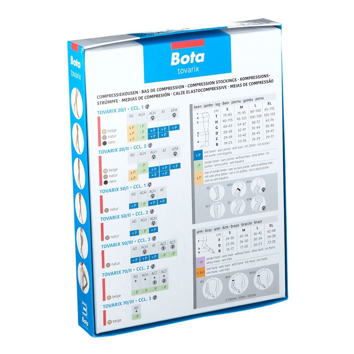 Dos de la boîte Bota tovarix. Tableaux avec tailles et informations produit.