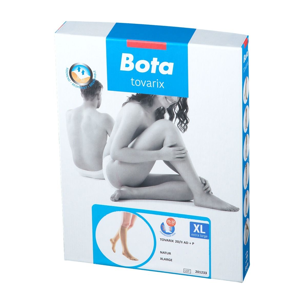 Boîte Bota tovarix. Vue de face avec illustration du produit et indication de taille.