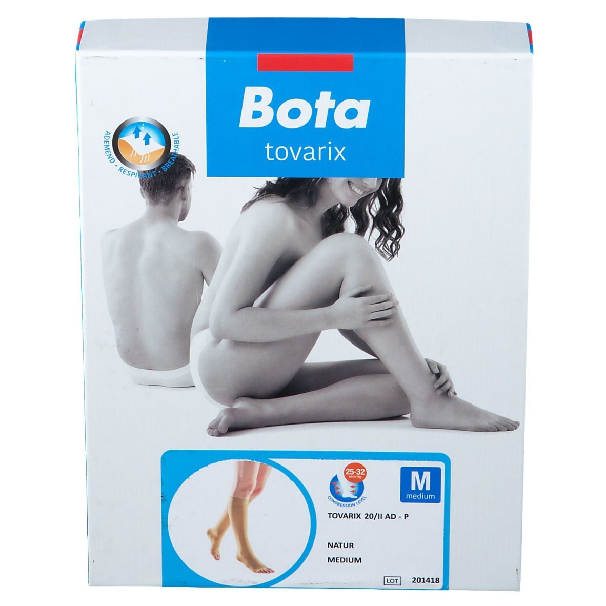 Emballage de Bota Tovarix 20/II AD -P Natur Medium. Boîte blanche et bleue avec informations produit et illustration.