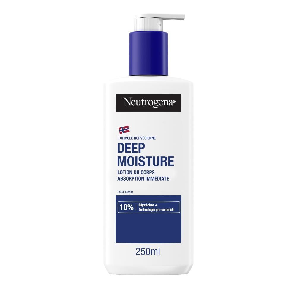 Flacon blanc avec pompe bleue. Texte : Deep Moisture, lotion du corps. Marque : Neutrogena. 250ml.