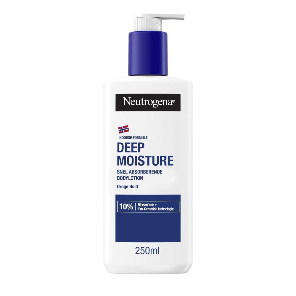 Witte fles met blauwe pomp. Tekst: Deep Moisture Bodylotion. Merk: Neutrogena. 250ml.