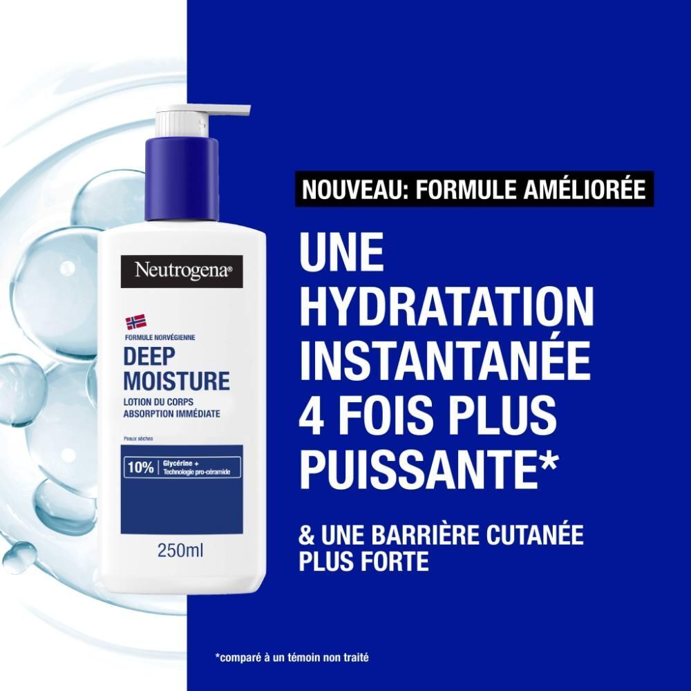 Image produit avec texte : Une hydratation instantanée 4 fois plus puissante. Marque : Neutrogena. 250ml.