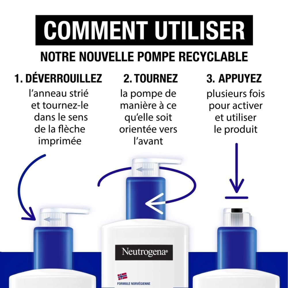 Instructions pour l'utilisation de la nouvelle pompe. Texte : Comment utiliser notre nouvelle pompe recyclable. Marque : Neutrogena.