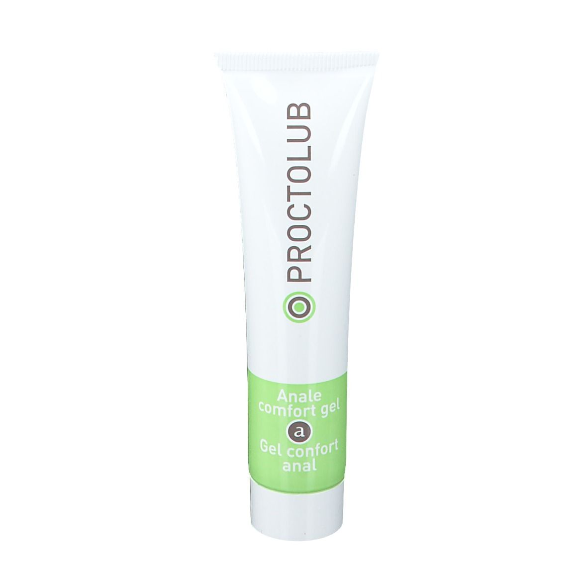 Tube blanche et verte avec logo "Proctolub" et "Anale comfort gel".